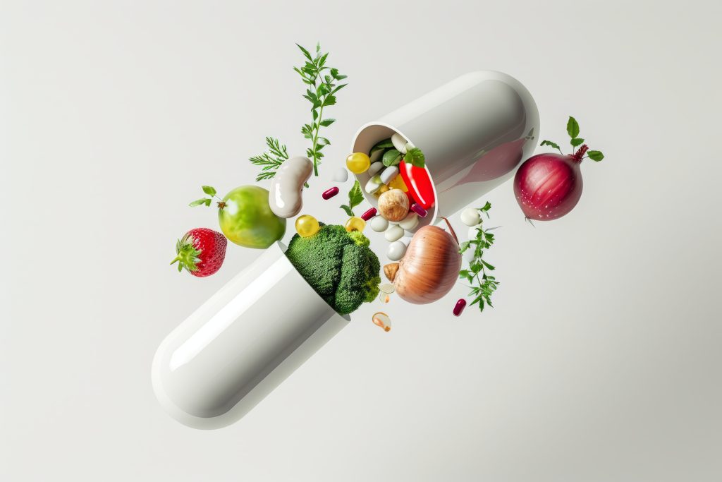 view healthy food incased pill shaped container