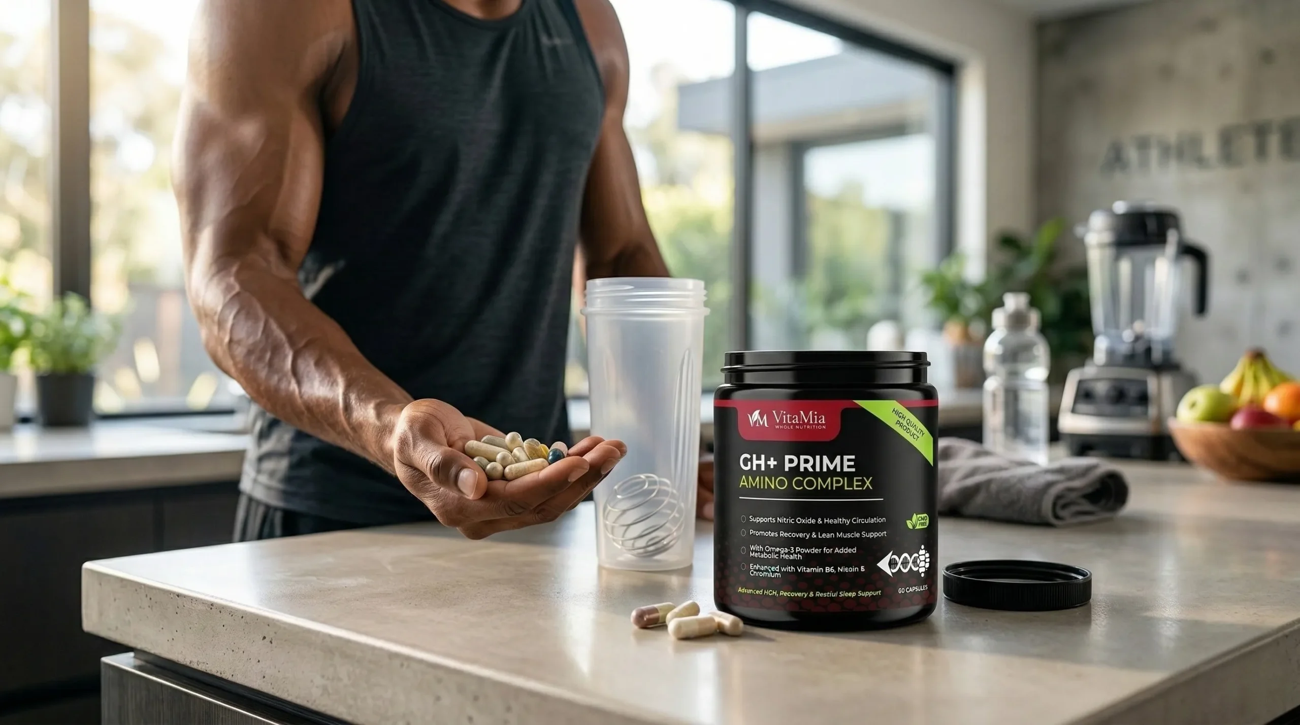 athlete holding capsules next to VitaMia GH+ Prime Amino Complex supplement for muscle recovery and performance