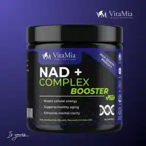 Black jar of VitaMia NAD+ Complex Booster, the best NAD supplement with Nicotinamide Riboside and Resveratrol.